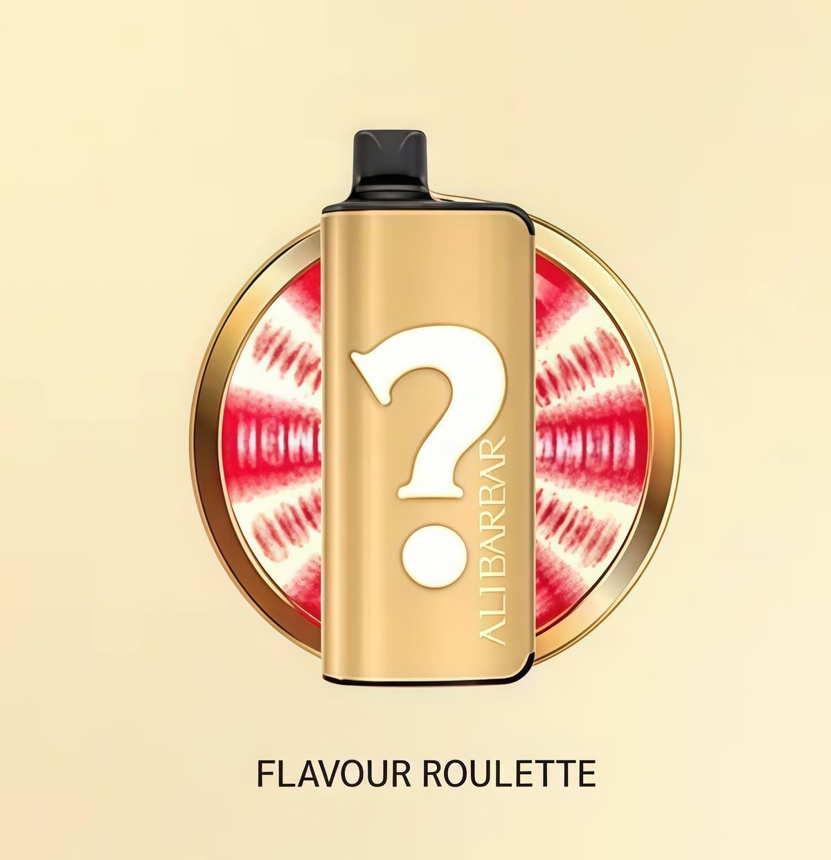 ALIBARBAR Flavour Roulette vape atomizer device with a gold finish and question mark design.