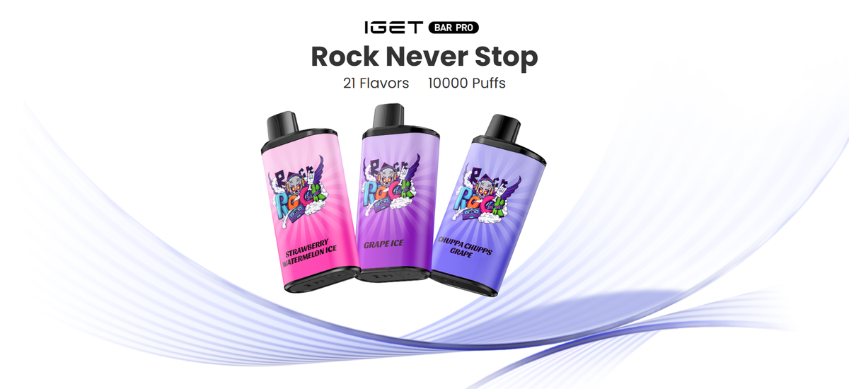 IGET Bar Pro Rock Never Stop disposable vapes in Strawberry Watermelon Ice, Grape Ice, and Grape.