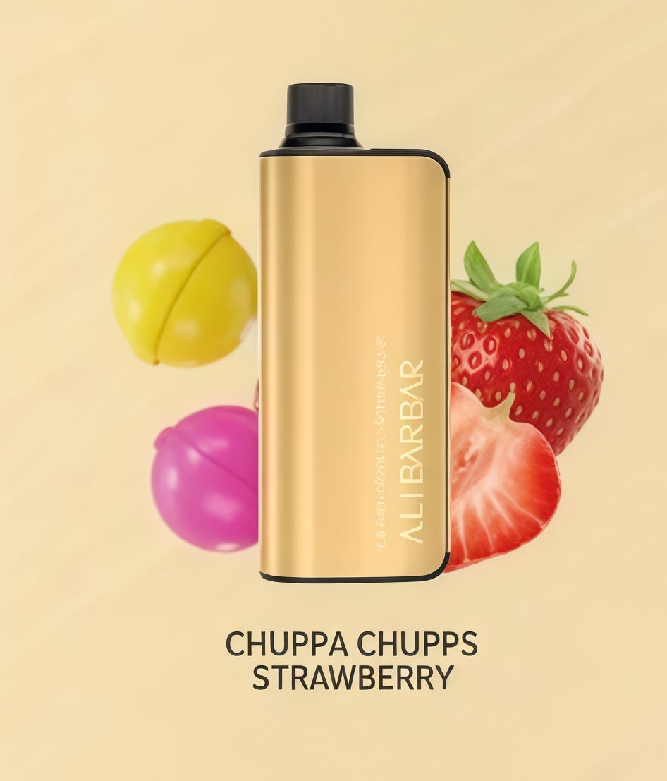 AliBarbar Chuppa Chupps Strawberry vape atomizer device with strawberries and candy.
