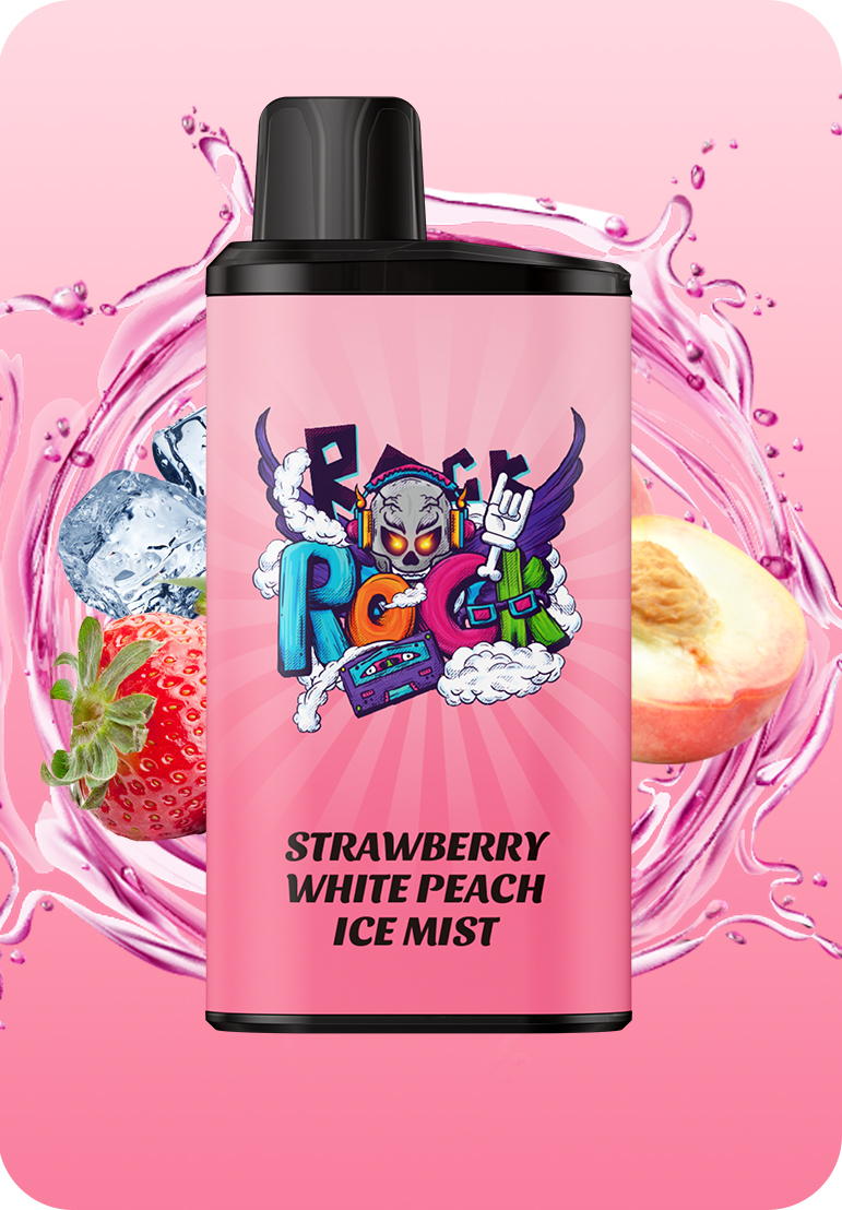 IGET BAR PRO Strawberry White Peach Ice Mist vape device with fruit and ice splash.