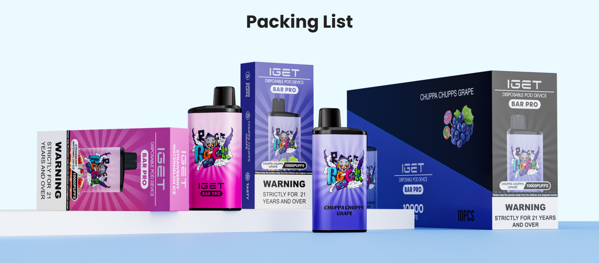 Packing list of IGET Bar Pro disposable pod devices in various flavors and packaging.