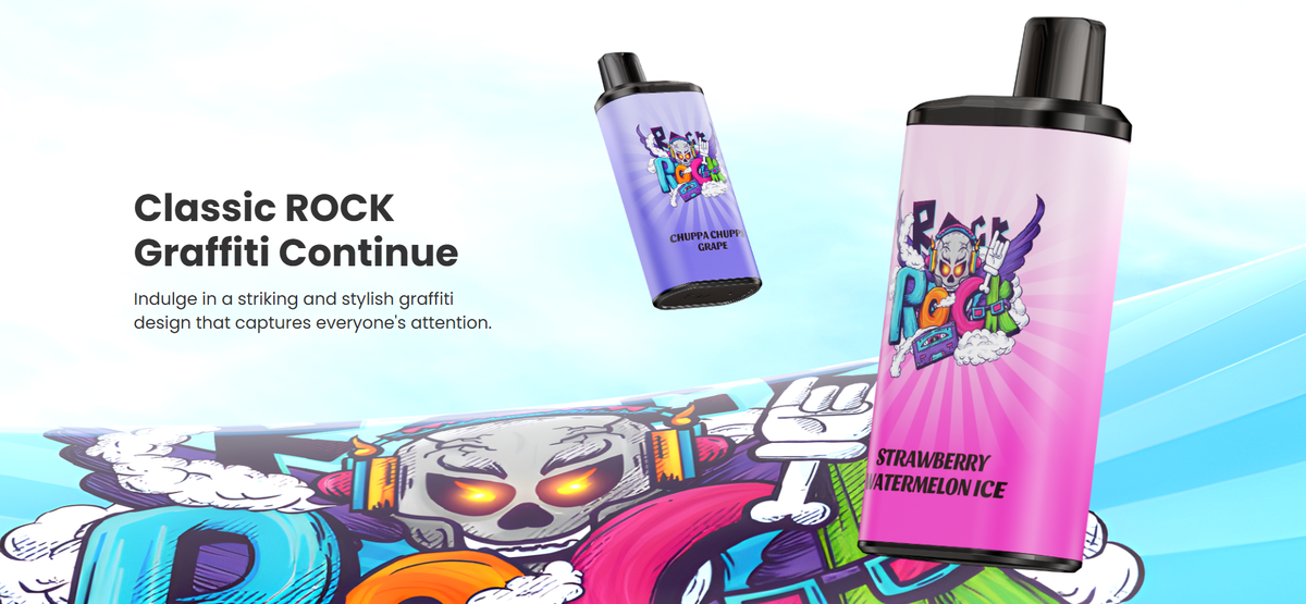 Two ROCK disposable vapes in Grape and Strawberry Watermelon Ice flavors with graffiti art.