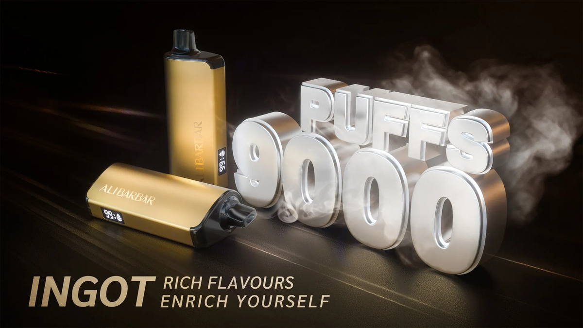 Gold ALIBARBAR disposable vape device with 9000 puffs text and smoke effect.