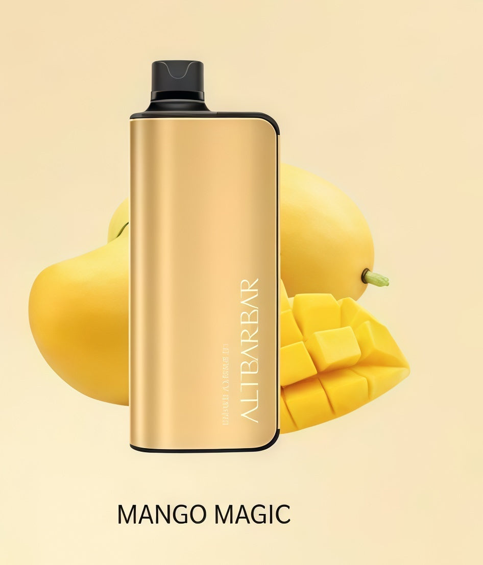 AussieCloudLab ALTBARBAR Mango Magic gold vape device with fresh mangoes.