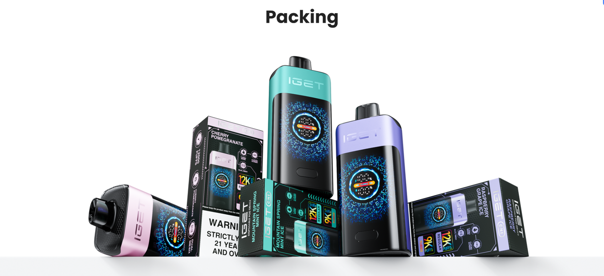 IGET disposable vapes and packaging in various colors and flavors on a white background