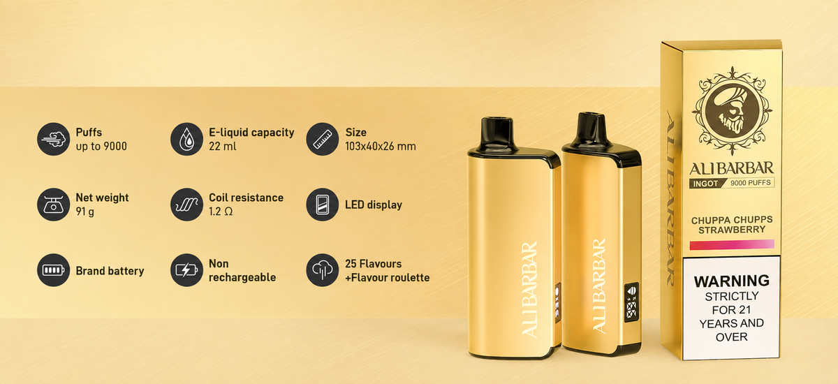 AliBarbar Ingot 9000 puffs disposable vape in gold with Chuppa Chups Strawberry flavor packaging.