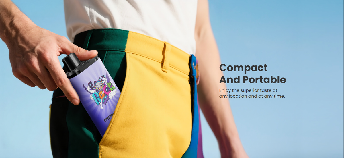 A person putting a compact, colorful purple disposable vape into a yellow pocket.